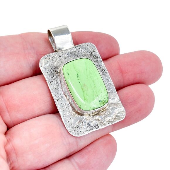 Vintage Jewelry - Vintage Artisan Sterling Silver 925 5cm Gaspeite Textured Pendant